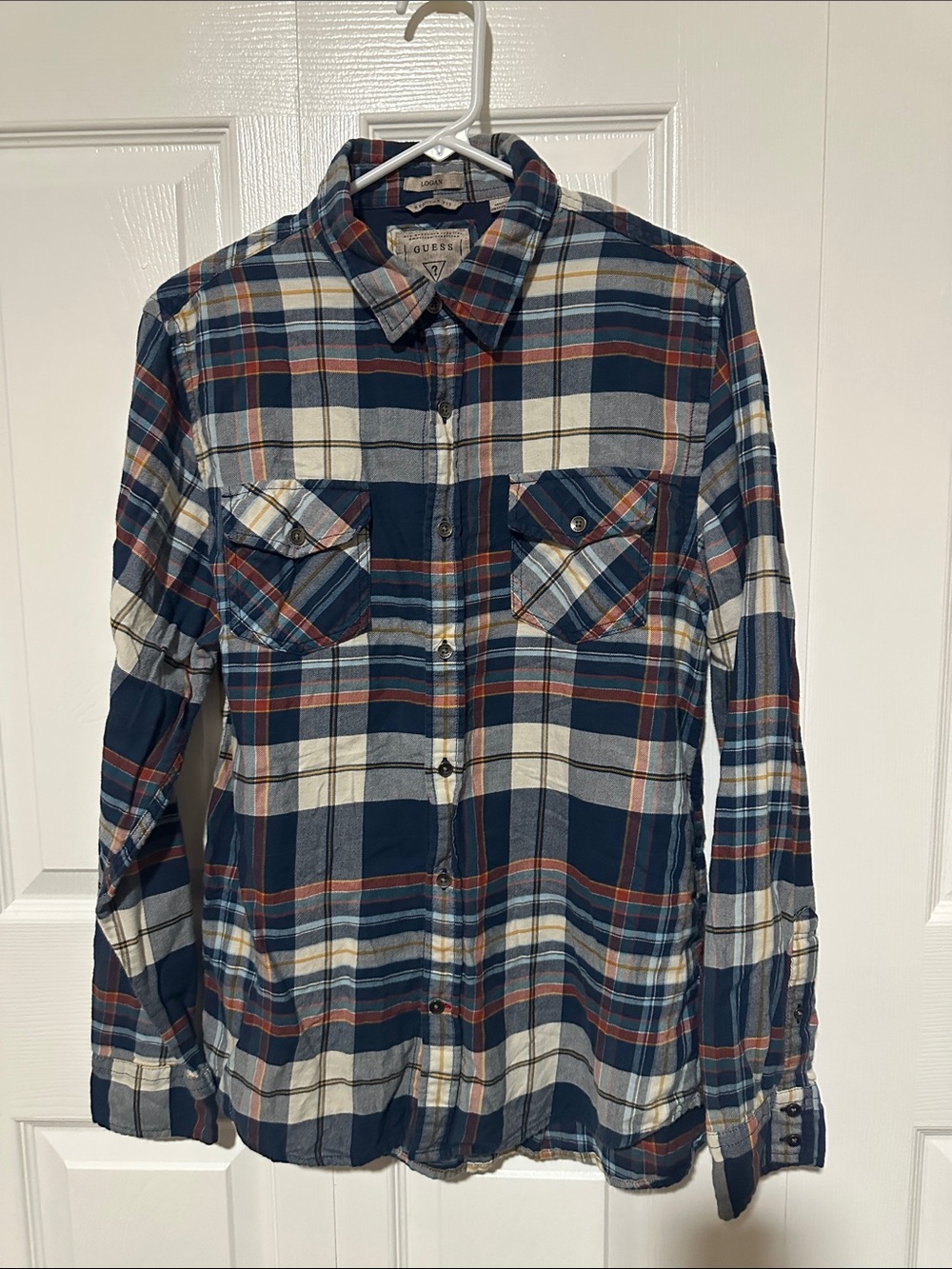 Guess Men's Navy, White & Brown Plaid Button-Down Shirt